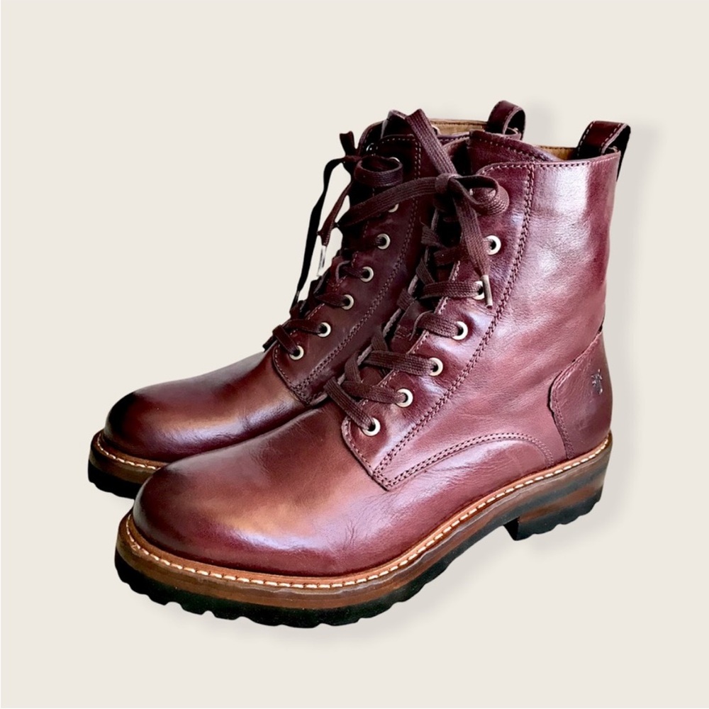 Frye Women's Burgundy Leather Combat Boots - Picture 4 of 10